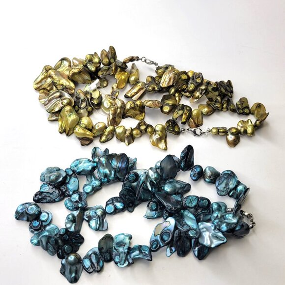 Yellow Green Mother of Pearl Keshi Large Chip Bead Necklace - Picture 12 of 13